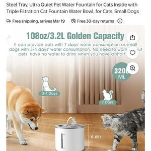 Pet Fountain with Stainless Steel Tray, Automatic Dog / Cat Water Bowl Fountain
